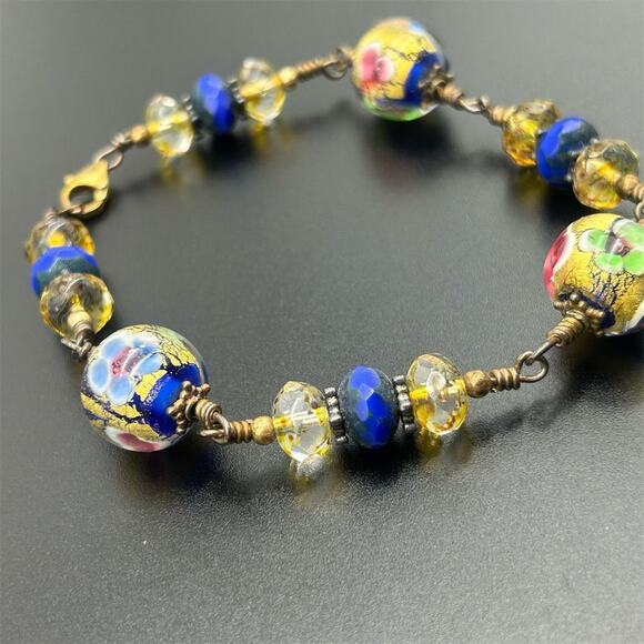 Glass of Venice Multicolor Glass Beaded Handcrafted Bracelet Vermeil 925 Clasp - Picture 4 of 12